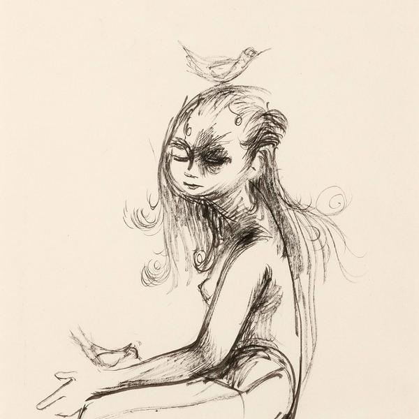 600x600 Joyce Wieland Girl With Birds Drawing - Drawing For A Girl