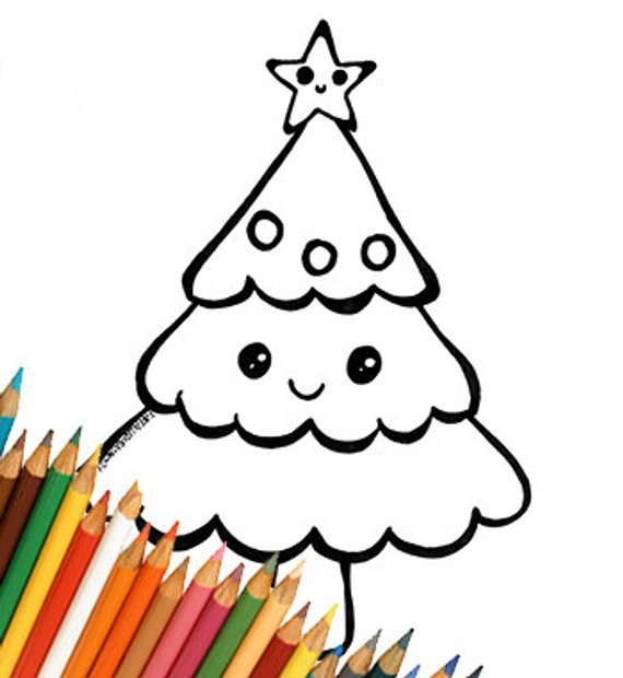 570x620 Christmas Tree Kawaii Cute Drawing Coloring For Kids Download Etsy - Drawing For Kids Download