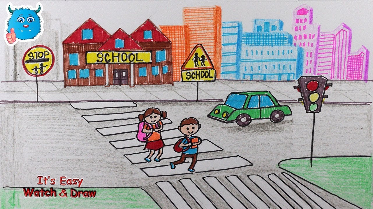1280x720 How To Draw City Road Safety Drawing For School Kids - Drawing For School