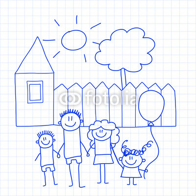 400x400 Happy Family With Small Children And House Kids Drawing Vector - Drawing For Small Kids