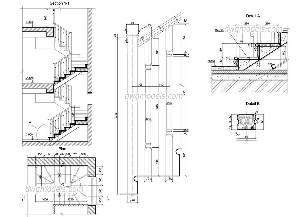1080x760 Wooden Staircase Autocad Drawings Free Download, Cad Blocks - Drawing Free Download