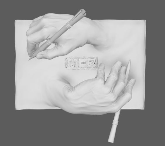564x500 Print Model Mc Escher Drawing Hands Cgtrader - Drawing Hands Escher