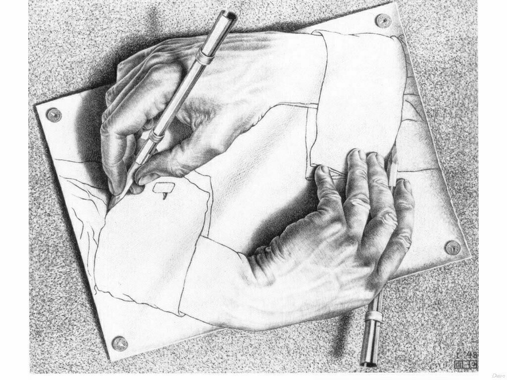 1024x768 drawn m c escher drawing hands - Drawing Hands Escher