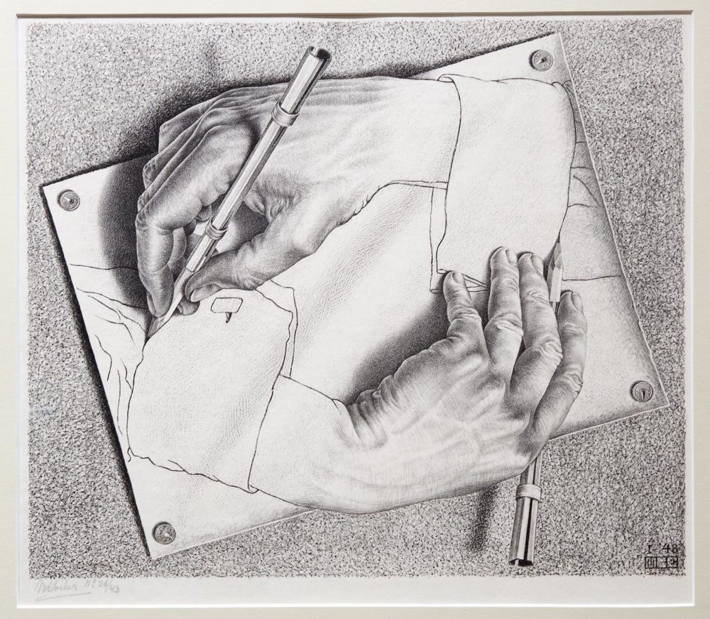 1000x872 more than trippy dorm room decor the mfa examines m c escher - Drawing Hands Escher