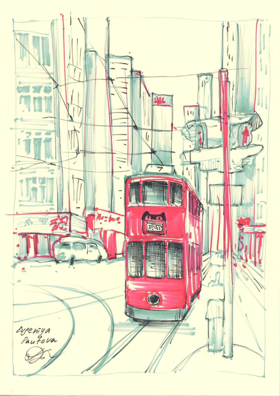 900x1272 Hong Kong Tram Original Drawing - Drawing Hk