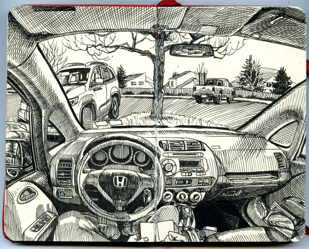 1000x807 Paul Heaston Drawing In The Car In Denver, Colorado Sketch - Drawing In The Car
