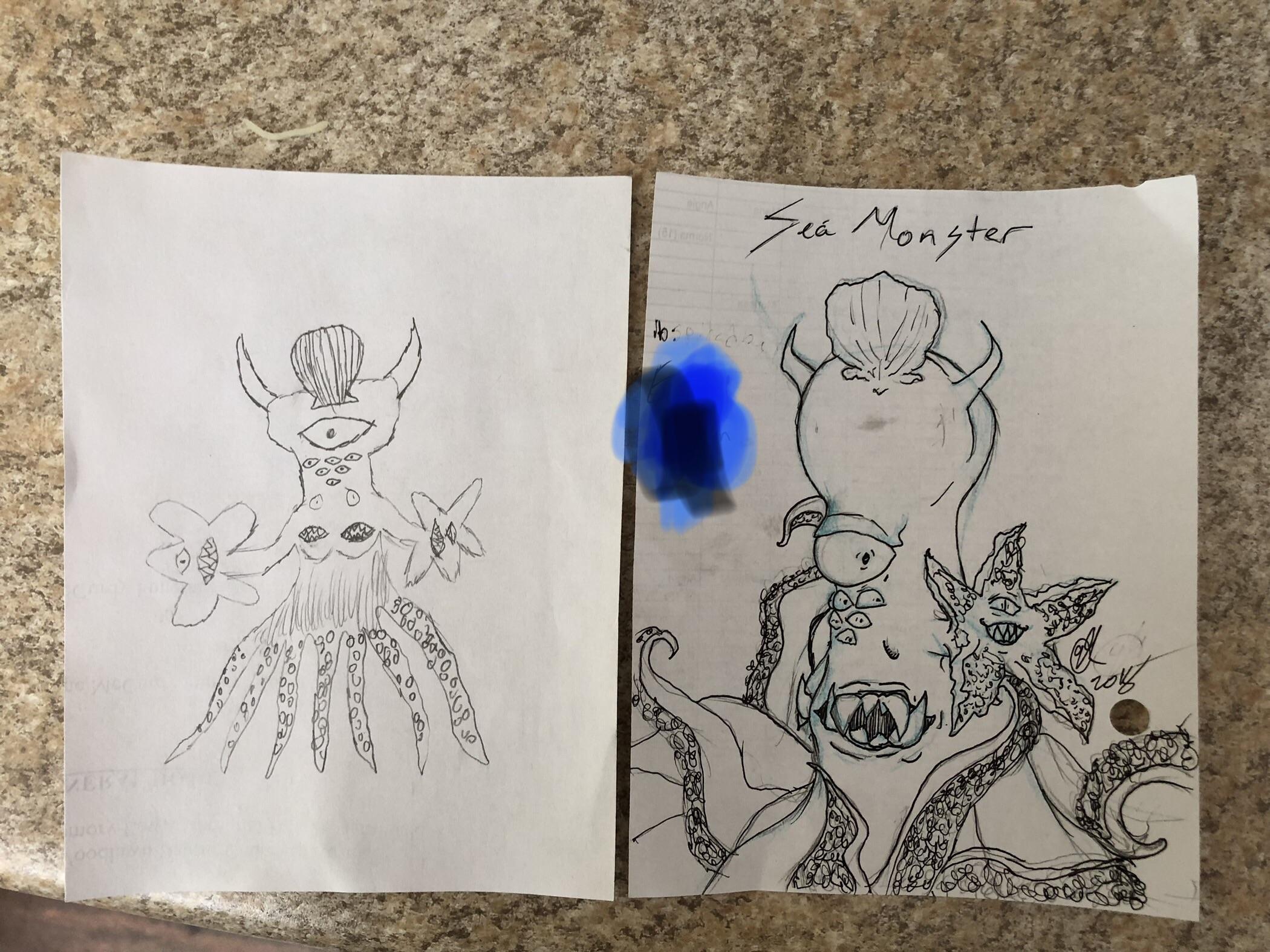 2100x1575 my drawing on the left, my artist friend's interpretation of it - Drawing Interpretation