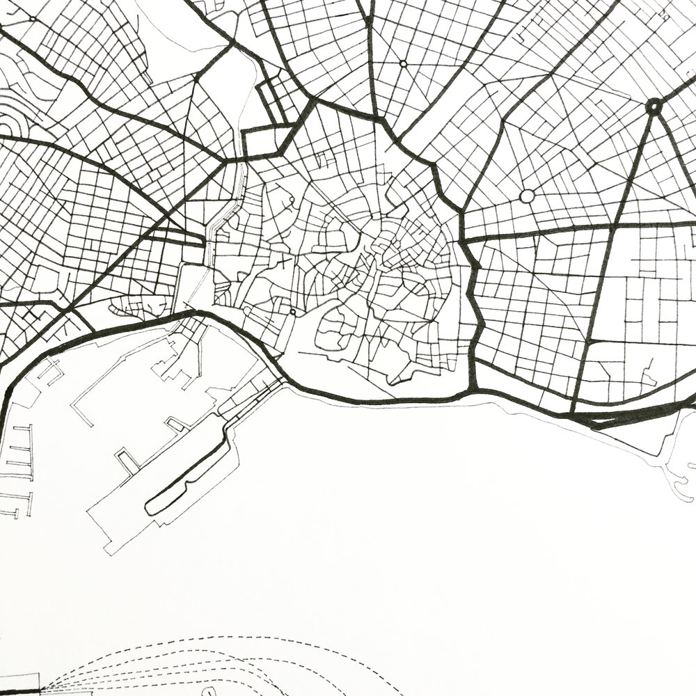1000x1000 palma de mallorca city lines map print turn of the centuries - Drawing Lines On Map