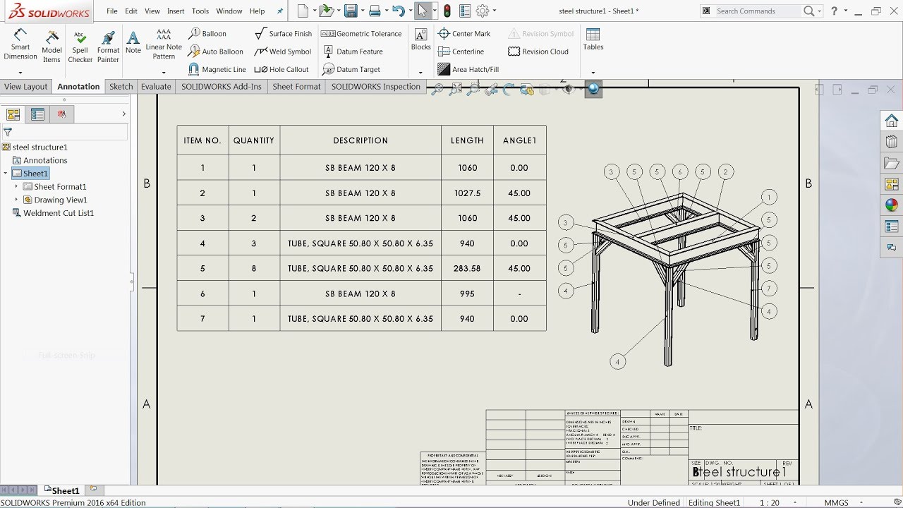 1280x720 Solidworks Weldments Tutorial Drawing Welding Cut List Part - Drawing List