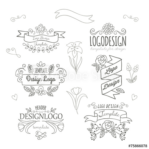 500x500 set of logo design hand drawing elements with flowers and banner - Drawing Logo Design