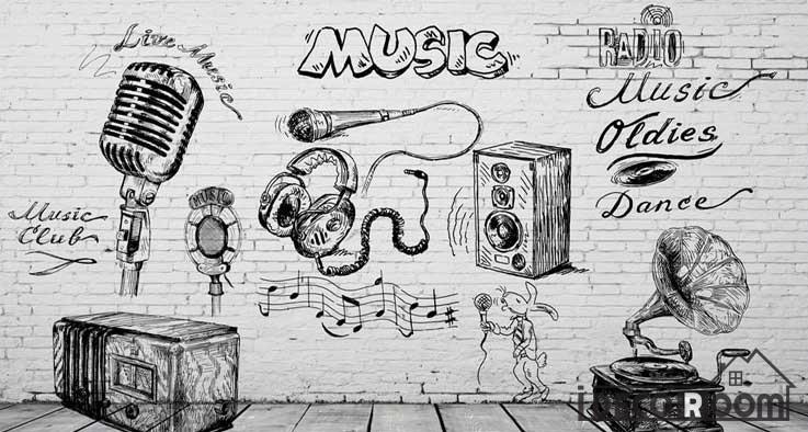 737x394 White Brick Wall Black And White Drawing Music Restaurant Bar Art - Drawing Music