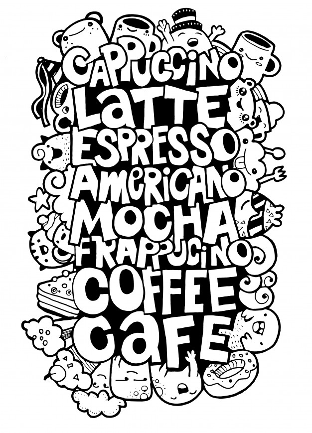 626x869 Hand Drawing Names Of Popular Coffee Drinks With Monsters Vector - Drawing Names