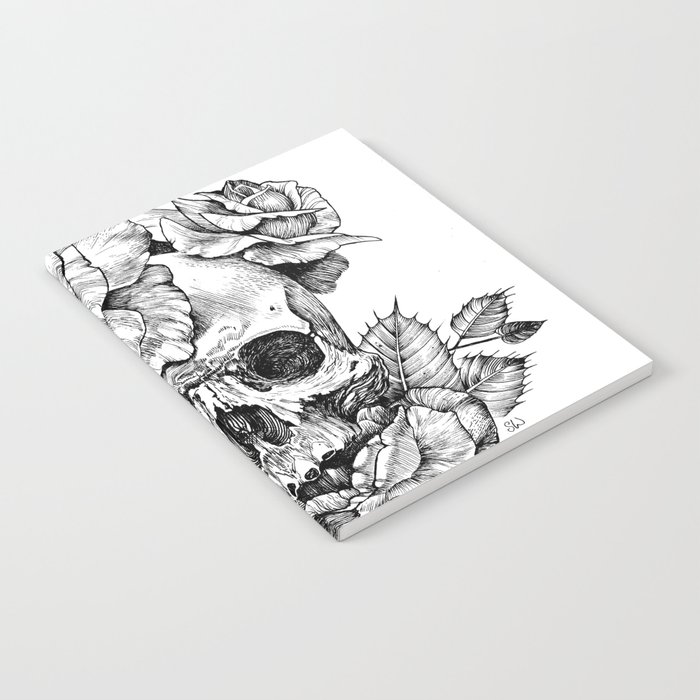700x700 black and white skull with roses pen drawing notebook - Drawing Notebook