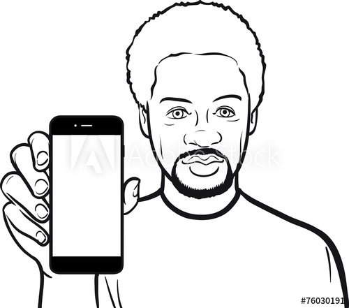 500x441 Line Drawing Of A Black Man Showing A Mobile App On A Smart Phon - Drawing Of A Black Man