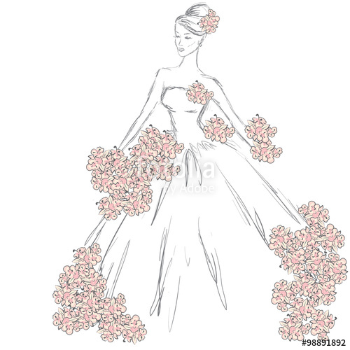 500x500 Fashion Sketch A Girl In A Dress Vector Girl In A Dress - Drawing Of A Girl In A Dress