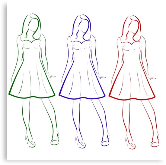 550x545 Colored Outline Drawing Of Three Girls In Dresses Canvas Print - Drawing Of A Girl In A Dress