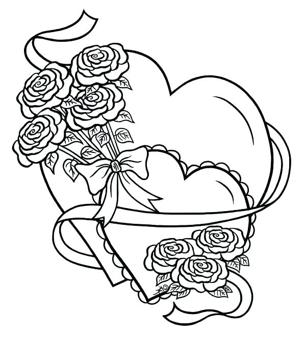 600x663 Heart Coloring - Drawing Of A Heart With A Ribbon