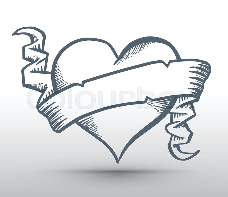 800x692 Heart With Ribbon Drawing Banner For Stock Vector Colourbox - Drawing Of A Heart With A Ribbon