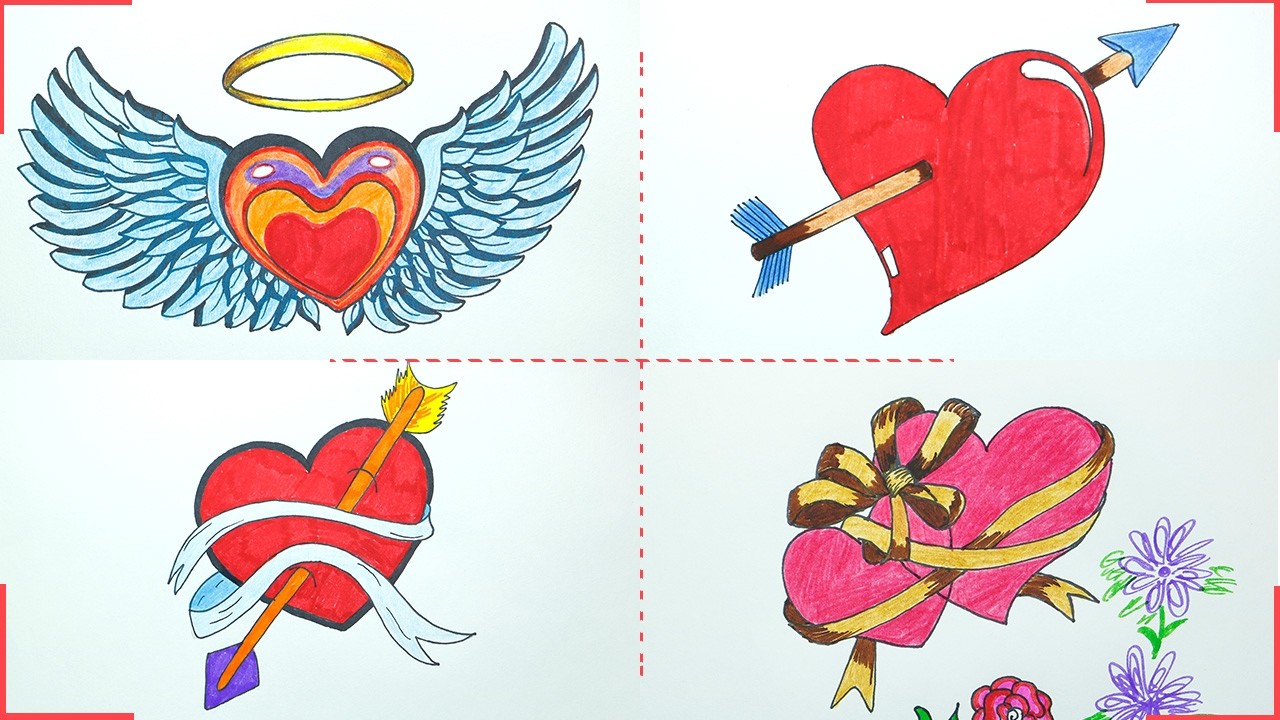 1280x720 How To Draw Heart With Arrow, Bow, Ribbon, Wings For Valentine - Drawing Of A Heart With A Ribbon