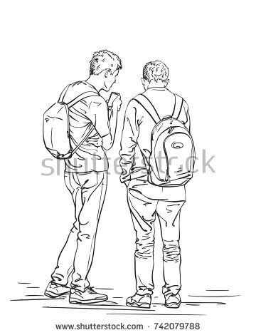 360x470 Vector Sketch Of Two Men Standing With Backpacks, Back View Hand - Drawing Of A Man Standing
