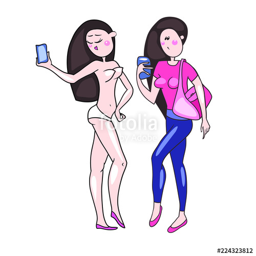 500x500 Vector Drawing Of Two Girls, In The Morning In Front Of A Mirror - Drawing Of A Mirror