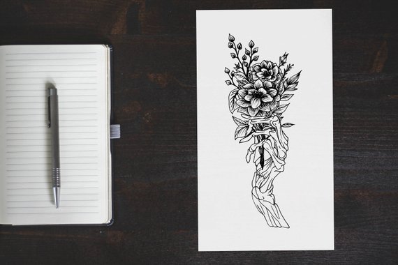 570x380 Skeleton Hand Holding Botanical Bouquet Line Drawing Etsy - Drawing Of A Skeleton Hand