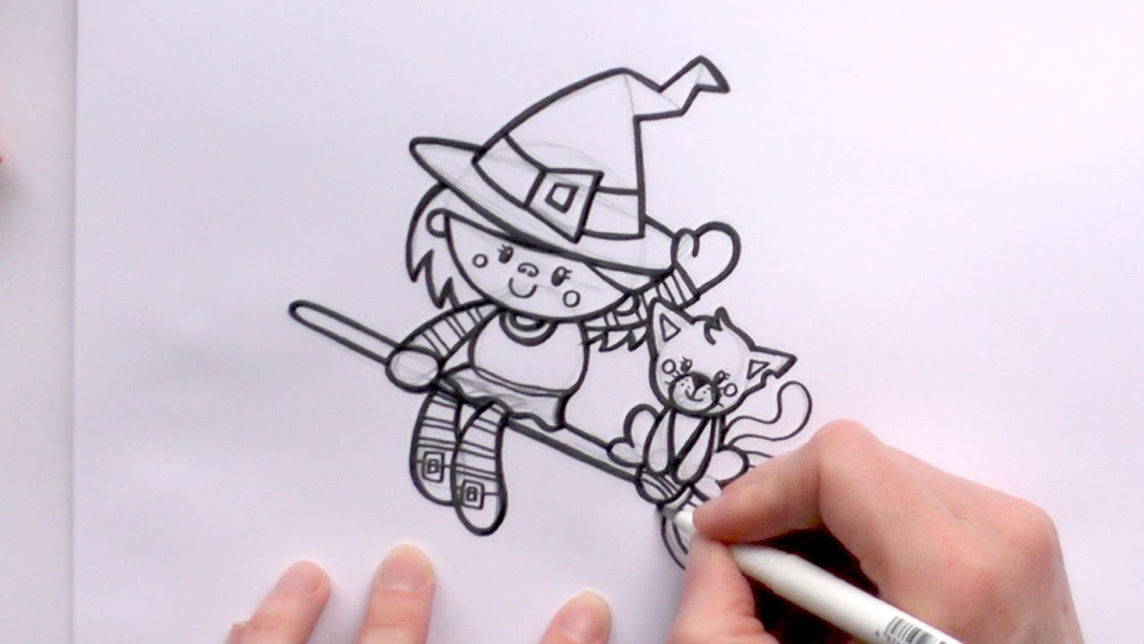 1280x720 How To Draw A Cartoon Witch And A Cat On A Broomstick - Drawing Of A Witch On A Broomstick