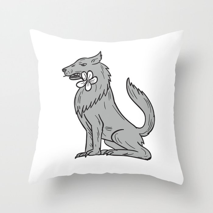 700x700 Timber Wolf Sitting Plumeria Flower Drawing Throw Pillow - Drawing Of A Wolf Sitting