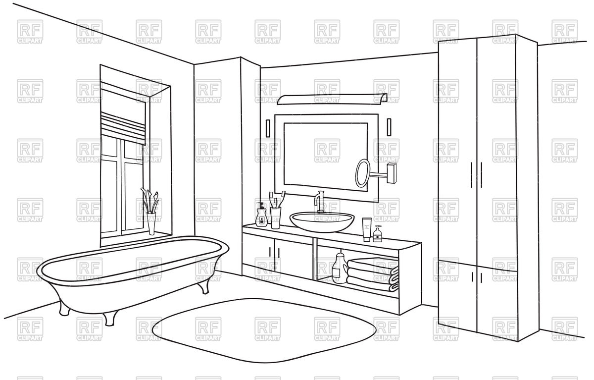 1200x767 Bathroom Interior Line Sketch Bath Room Furniture Set Vector - Drawing Of Bathroom