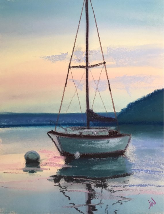 570x742 Mooring For The Night Original Pastel Painting - Drawing Of Boat In Water