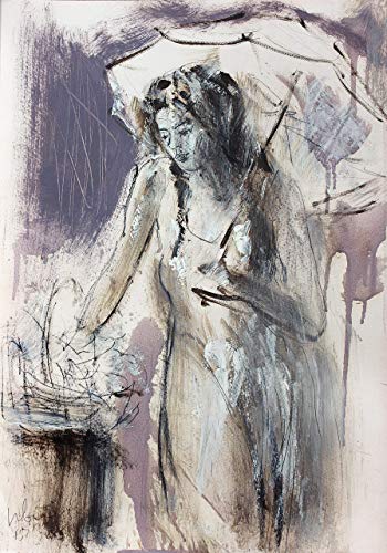 350x500 Woman With Umbrella Drawing Print, Charcoal Sketch - Drawing Of Girl With Umbrella