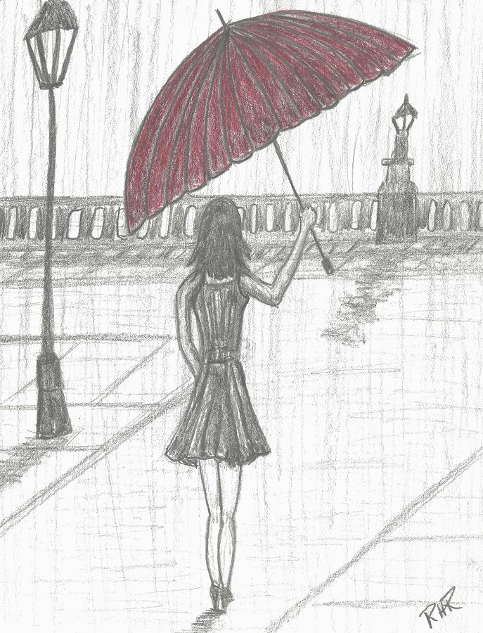687x900 Girl In The Rain Drawing - Drawing Of Girl With Umbrella