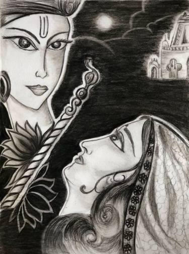 375x505 radha krishna charcoal painting drawing - Drawing Of Krishna And Radha