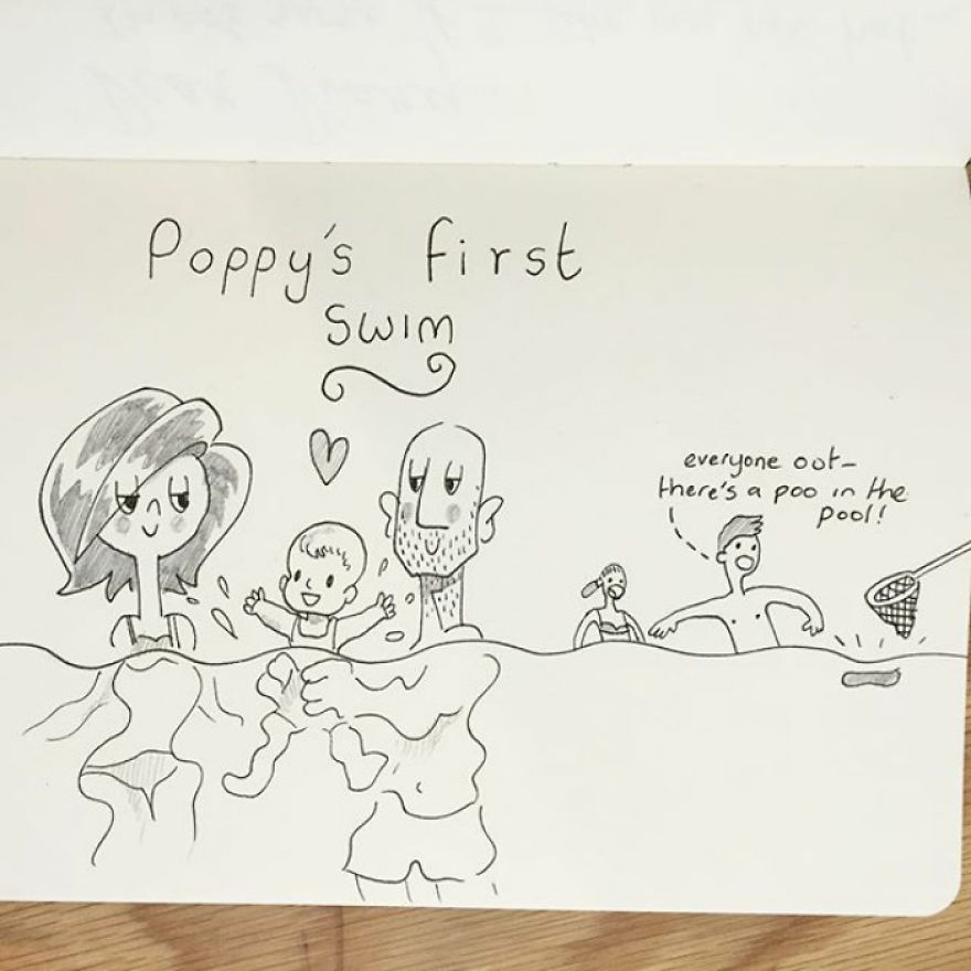 880x880 poppy's first swim, and someone does a poo in the pool bored panda - Drawing Of Someone Swimming