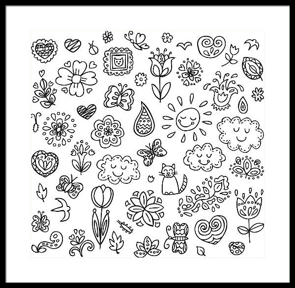 600x586 Spring Doodles Set Hand Draw Flowers, Sun, Clouds, Butterflies - Drawing Of Sun And Clouds