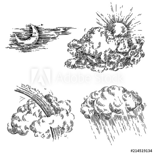 500x500 Vintage Set Of Weather Sun, Clouds, Moon, Rain, Rainbow And Storm - Drawing Of Sun And Clouds