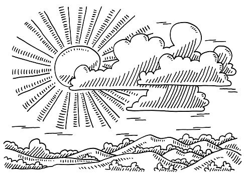 486x353 Beautiful Landscape Sun And Clouds Drawing Illustration - Drawing Of Sun And Clouds