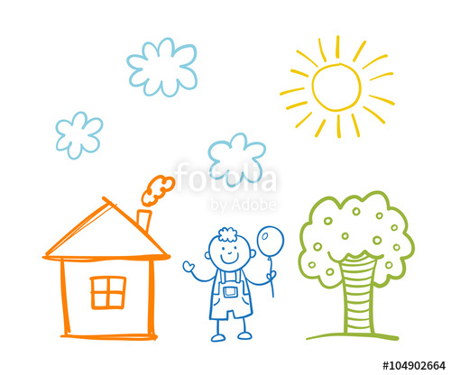 500x416 Doodle Children`s Drawing With Happy Boy, House, Tree, Clouds - Drawing Of Sun And Clouds