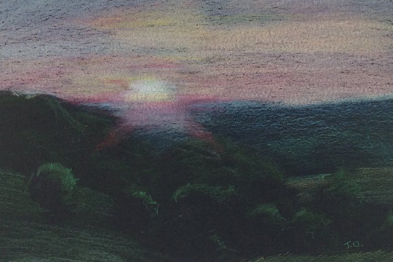 794x529 Sunset Over Hills With Trees Original Landscape Colored Etsy - Drawing Of Sunset In Hills