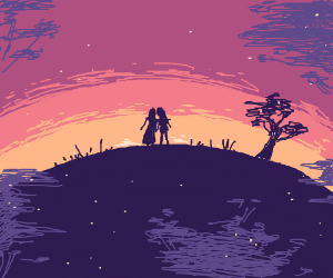 300x250 Girls Standing On A Hill - Drawing Of Sunset In Hills