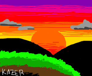300x250 Grassy Hills With Rainbow Sunset In Background Drawing - Drawing Of Sunset In Hills