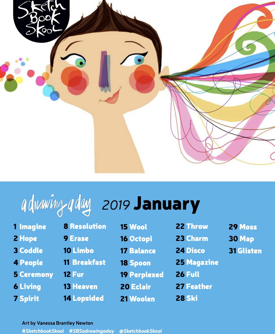888x1077 A Drawing A Day January Drawing Word Prompt List Sketchbook - Drawing Of The Day