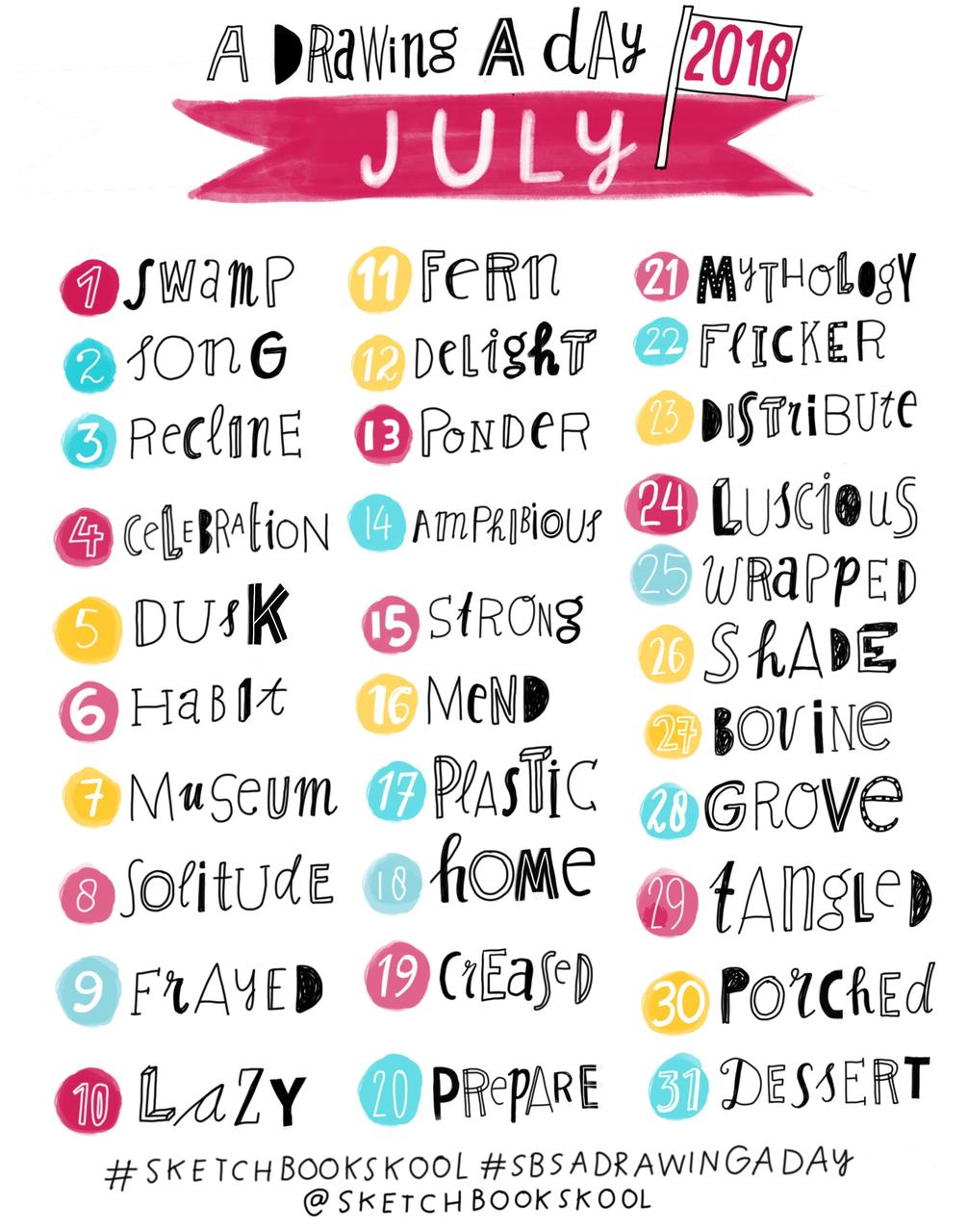 1006x1280 A Drawing A Day July Drawing Word Prompt List Sketchbook - Drawing Of The Day