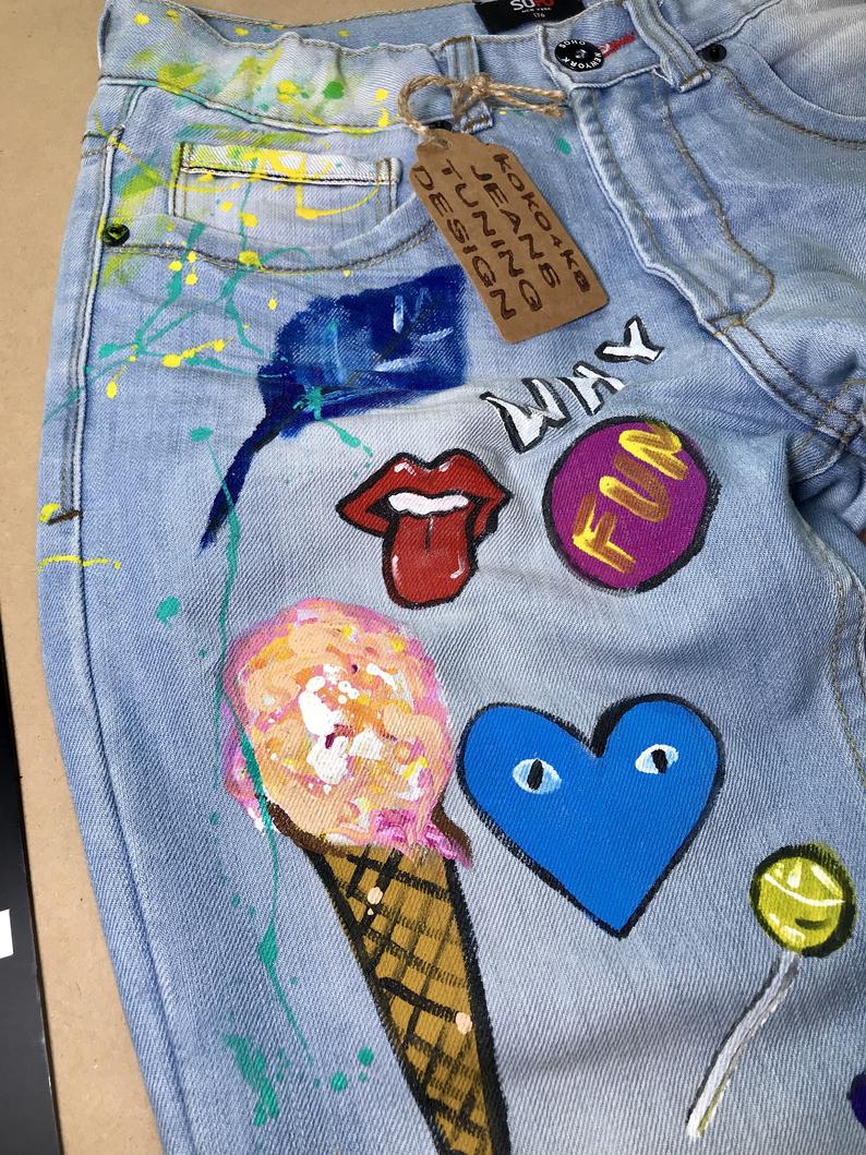 794x1059 Jeans Boyfriend Jeans Festival Clothing Hand Painted Paint Etsy - Drawing On Jeans