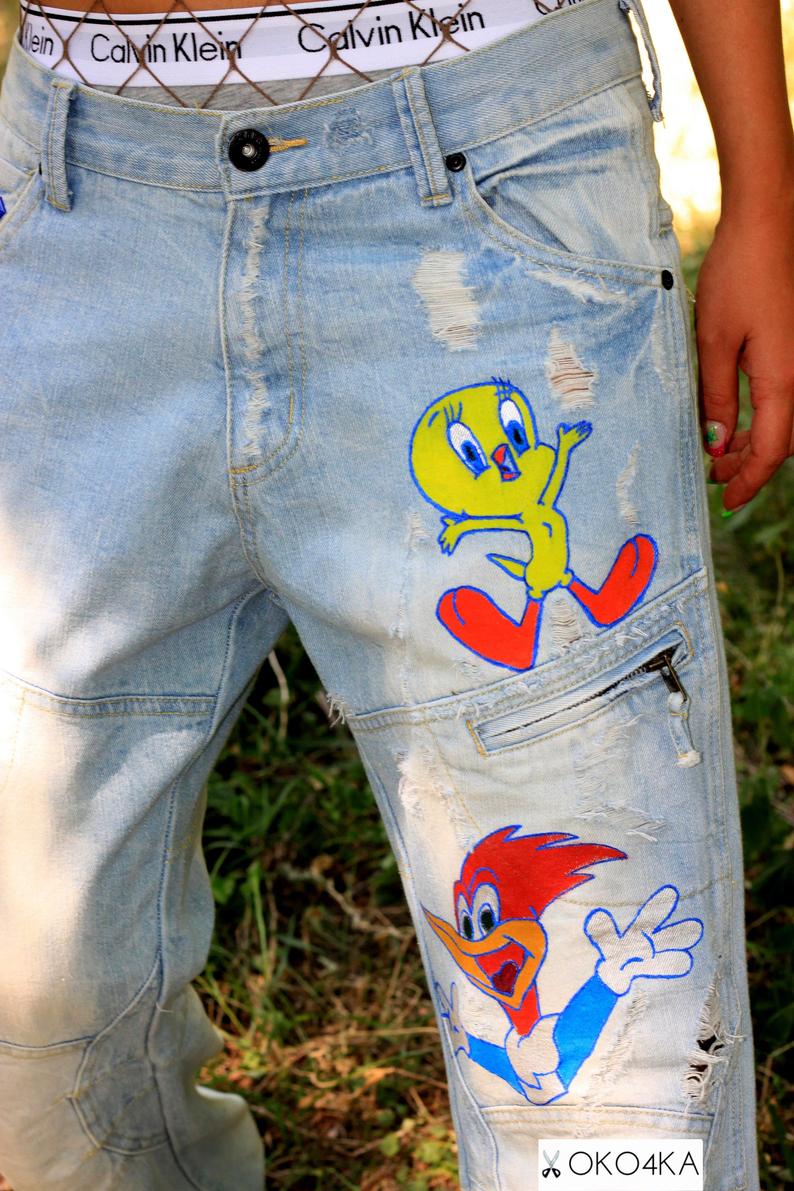 794x1191 Jeans Boyfriend Jeans Festival L Raw Art Disney Etsy - Drawing On Jeans