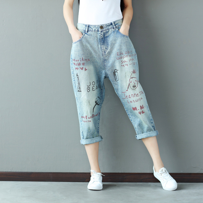 800x800 Painted Letters Jeans Woman Cartoon Pattern Ripped Jeans Female - Drawing On Jeans