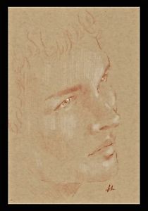 210x300 Original Male Figure Portrait Head Sanguine On Toned Vellum - Drawing On Vellum