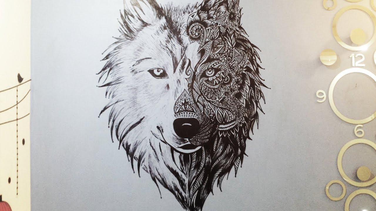 1280x720 Huge Wolf Mandala On Wall - Drawing On Wall