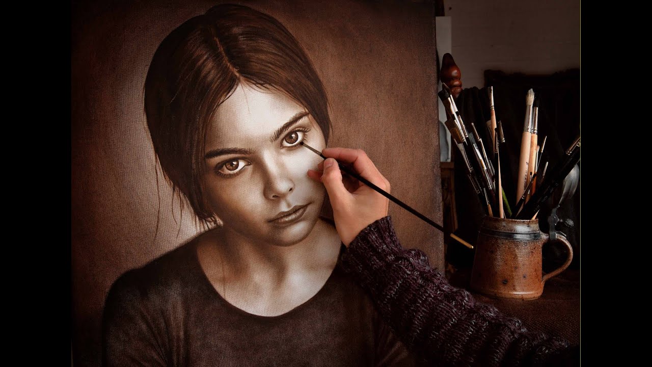 1280x720 Speed Drawing Of A Face Painting In Dry Brush Technique - Drawing Painting Techniques