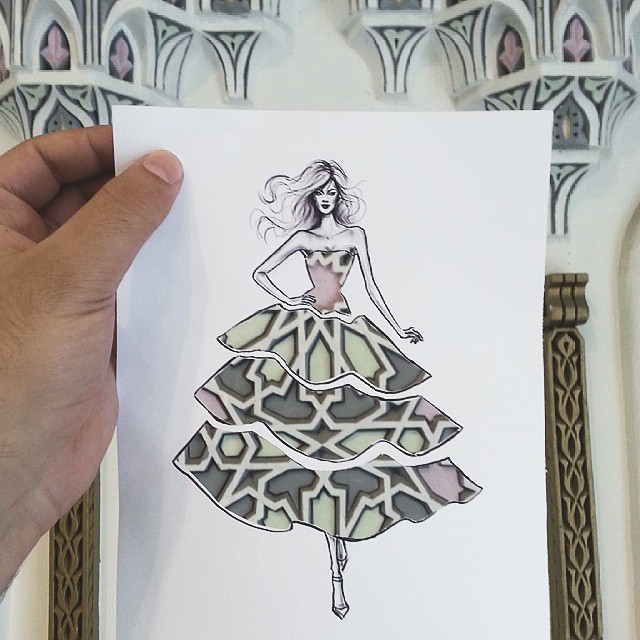 640x640 Illustrator Completes His Cut Out Dress Sketches With Urban Scenes - Drawing Paper Design